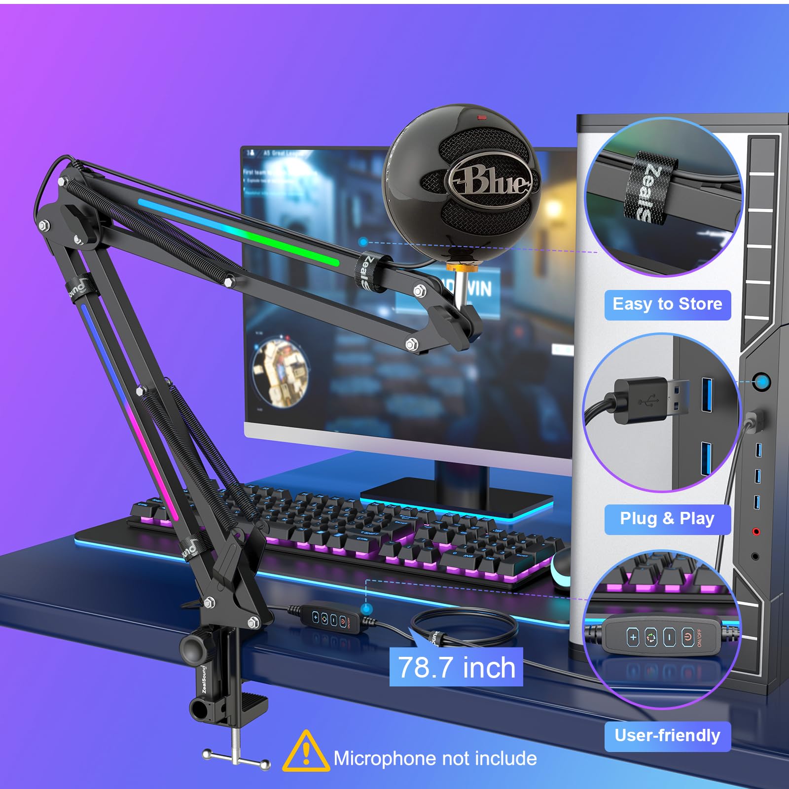 ZealSound RGB Microphone Arm Stand,Mic Arm with RGB Light for QuadCast/Blue Yeti/Snowball/Shure SM7B/Rode NT1/Elgato,Rotatable S